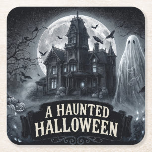 A Haunted Halloween Vintage Gothic Illustration Square Paper Coaster