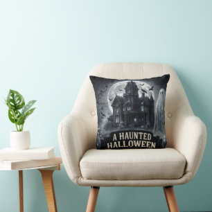 A Haunted Halloween Vintage Gothic Illustration Throw Pillow