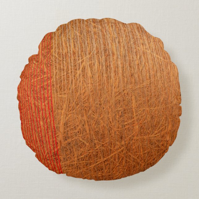 a hay cylindrical bale in a field on round pillow (Front)
