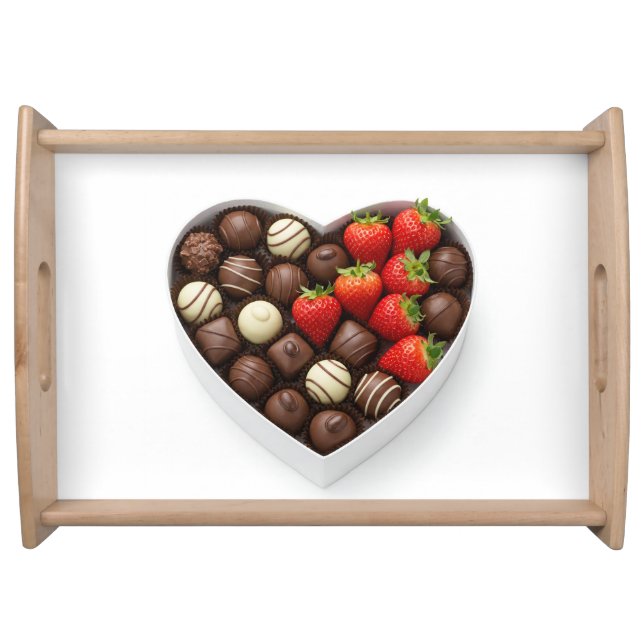 A heart-shaped box filled with gourmet chocolates  serving tray (Front)