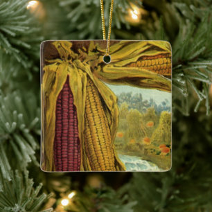 A Hearty Thanksgiving; Indian Corn and Haystacks Ceramic Ornament