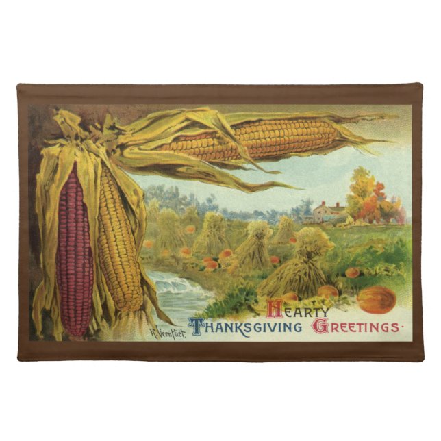A Hearty Thanksgiving; Indian Corn and Haystacks Cloth Placemat (Front)