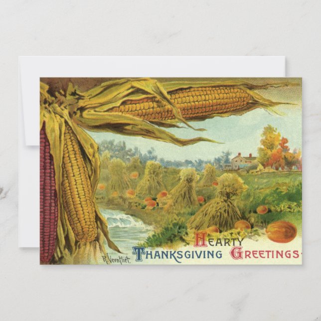 A Hearty Thanksgiving; Indian Corn and Haystacks Invitation (Front)