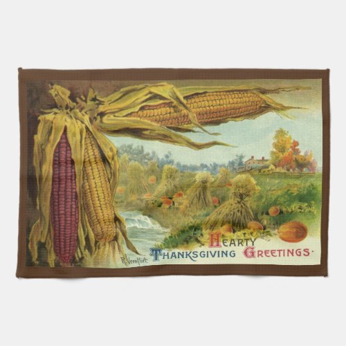 A Hearty Thanksgiving Indian Corn and Haystacks Kitchen Towel