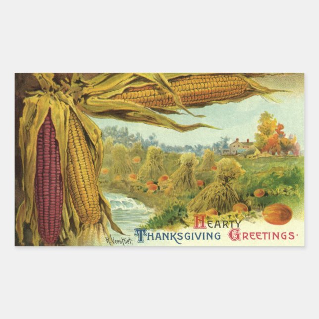 A Hearty Thanksgiving; Indian Corn and Haystacks Rectangular Sticker (Front)