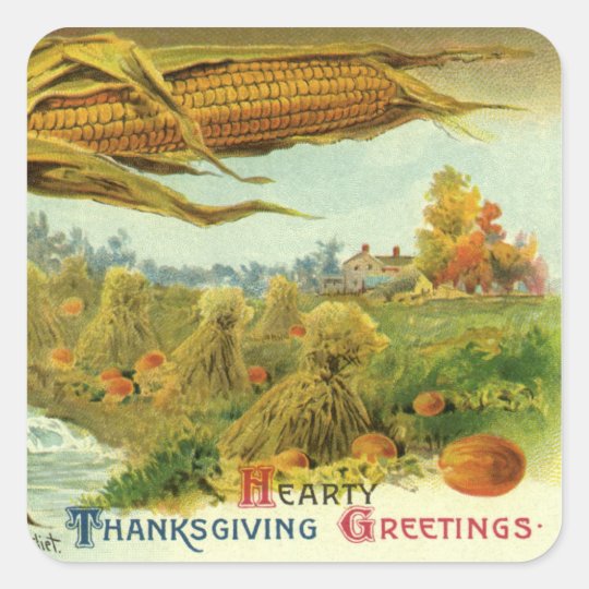 A Hearty Thanksgiving; Indian Corn and Haystacks Square Sticker