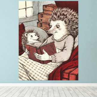 A hedgehog in a blanket reading a book to a young  canvas print