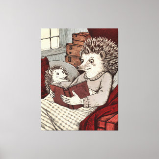A hedgehog in a blanket reading a book to a young canvas print