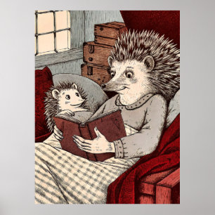 A hedgehog in a blanket reading a book to a young poster