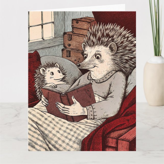 A Hedgehog in a cover reading a book at Card (Front)