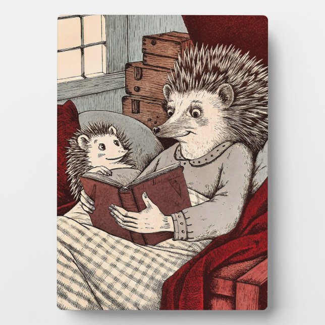 A Hedgehog in a cover reading a book at Plaque (Front)