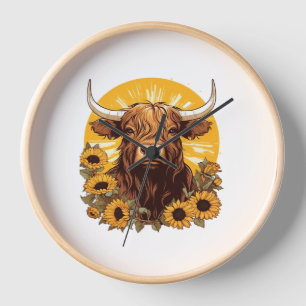 A Highland Cow Illustration with Sunflowers Classi Clock