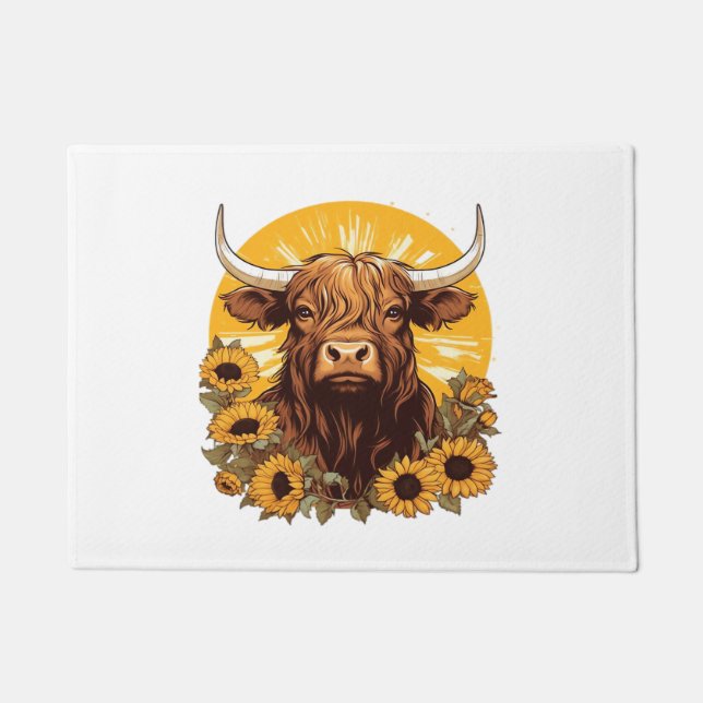 A Highland Cow Illustration with Sunflowers Classi Doormat (Front)