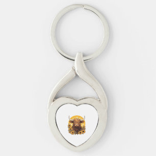 A Highland Cow Illustration with Sunflowers Classi Keychain