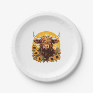 A Highland Cow Illustration with Sunflowers Classi Paper Plates