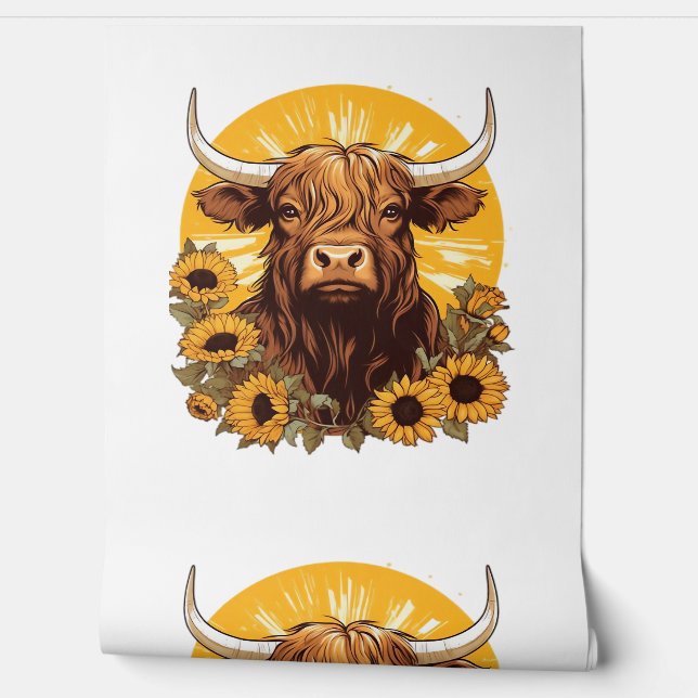 A Highland Cow Illustration with Sunflowers Classi Wallpaper (Unrolling)