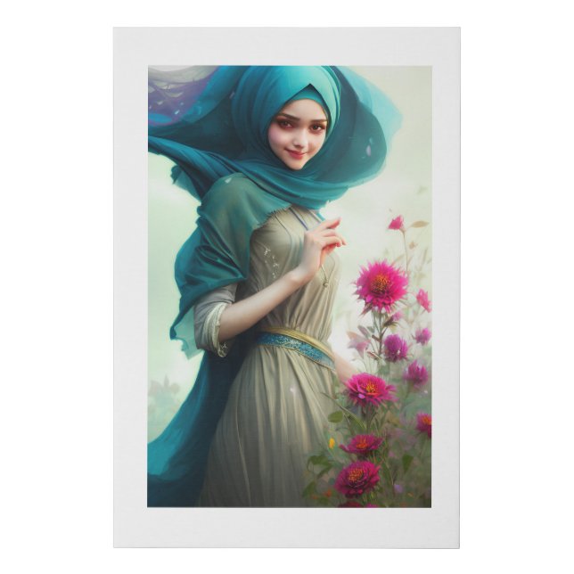 A Hijab Girl with Flowers Faux Canvas Print (Front)