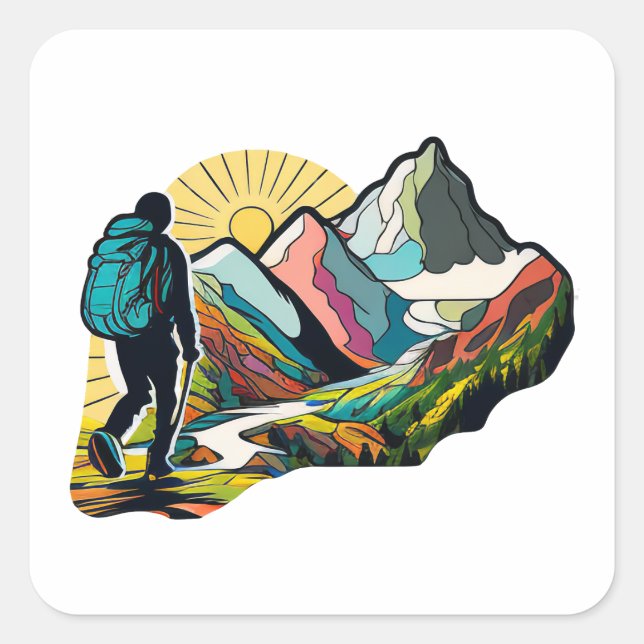 A hiker walking down a mountain path square sticker (Front)