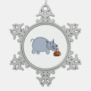 A Hippo with a Pumpkin Bag Snowflake Pewter Christmas Ornament