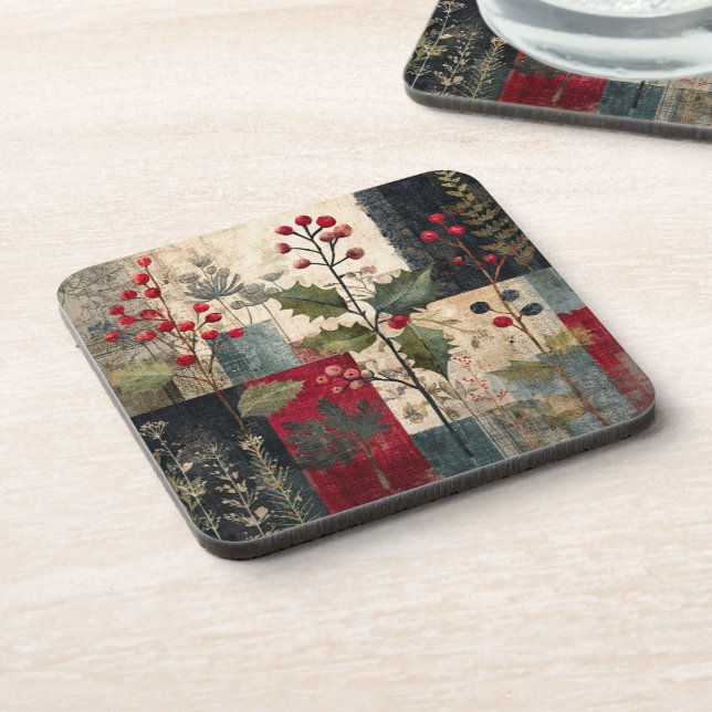 A Holly Berry Rustic Winter Patchwork Beverage Coaster (Left Side)