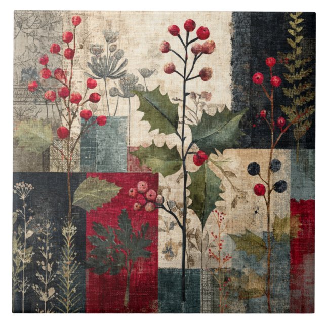 A Holly Berry Rustic Winter Patchwork Ceramic Tile (Front)