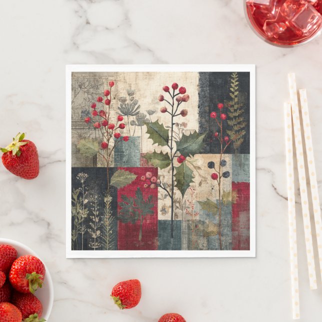 A Holly Berry Rustic Winter Patchwork Napkins (Insitu)
