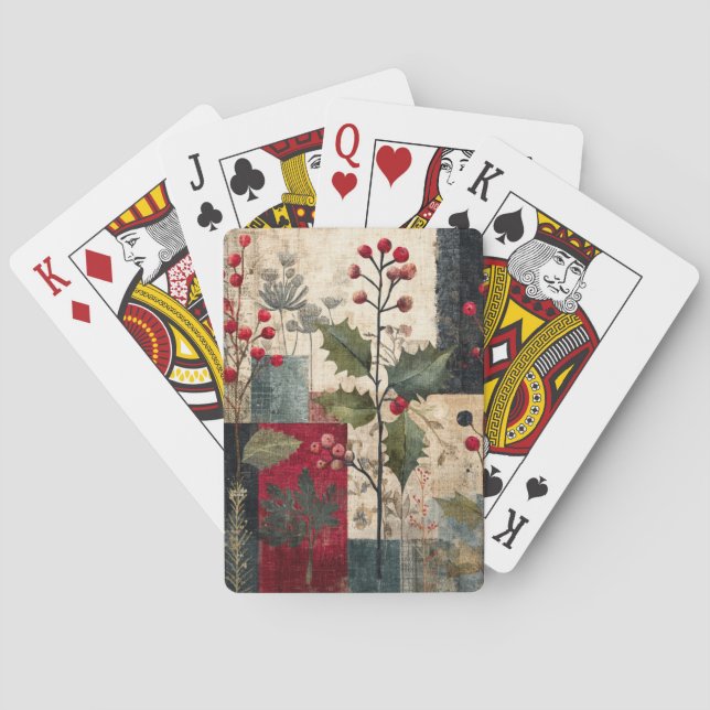 A Holly Berry Rustic Winter Patchwork Poker Cards (Back)