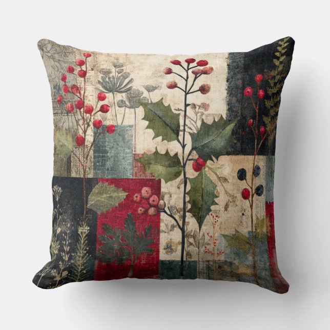 A Holly Berry Rustic Winter Patchwork Throw Pillow (Front)