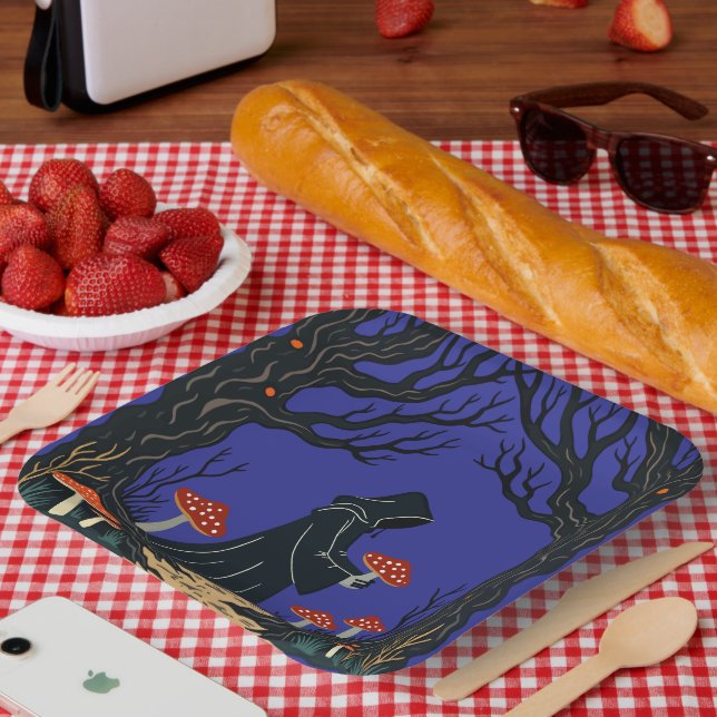 A Hooded Cloaked Forager Collecting Toadstools Paper Plates (Picnic)