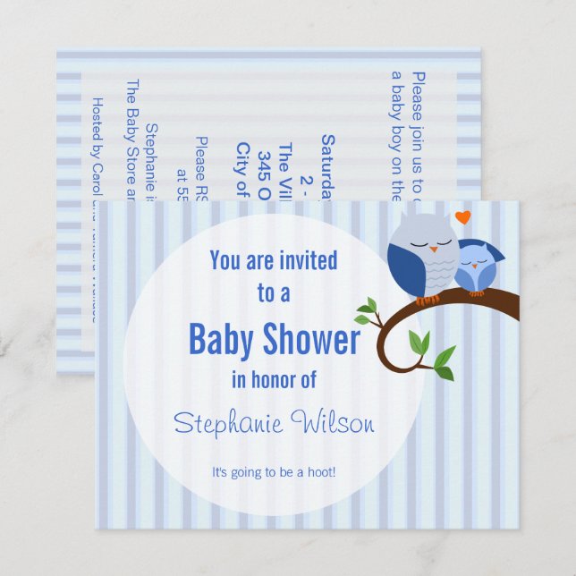A Hoot Of A Baby Shower Blue Owl Invitation (Front/Back)