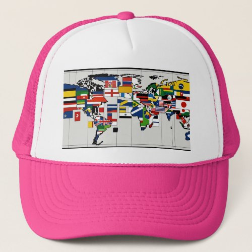 A horizontal global map in black and white with sm trucker hat