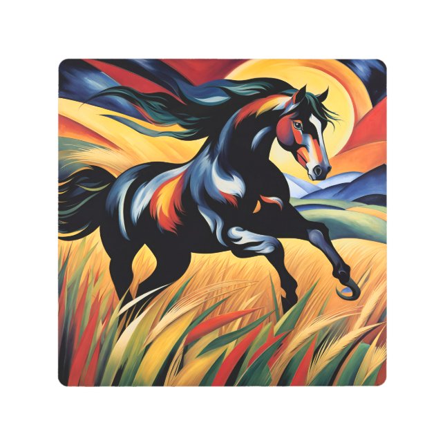 A Horse Galloping in a Wheat Field Metal Print (Front)