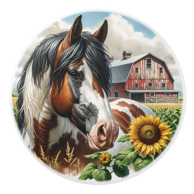 A Horse, Rustic Barn and Sunflowers Ceramic Knob (Front)