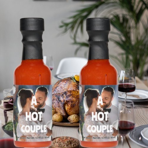 A Hot Couple Custom Wedding Photo  Text on  Hot Sauces