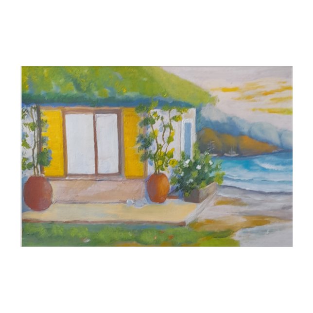 A house on the coast in a sea village. acrylic print (Front)