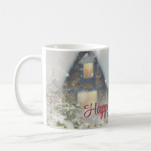  A house with a Christmas tree and a fence  Coffee Mug
