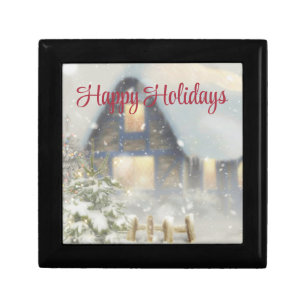 A house with a Christmas tree and a fence Gift Box