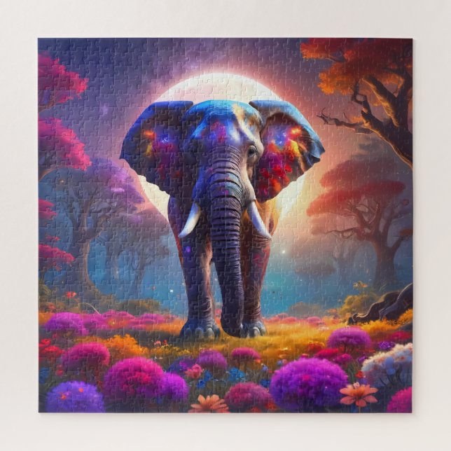 A huge Elephant walking on a path though flower Jigsaw Puzzle (Vertical)