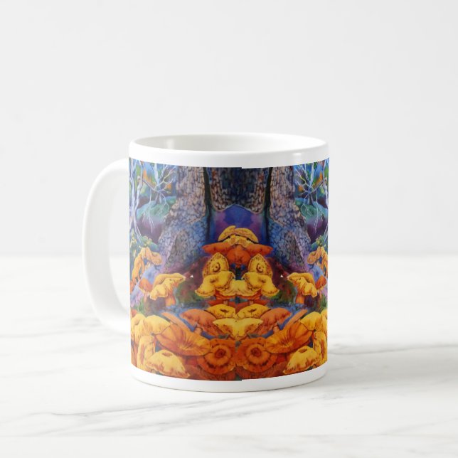 A huge patch of mushrooms in deep forest hollow  coffee mug (Front Left)