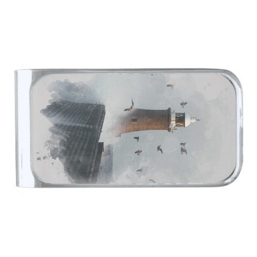 A huge wave hitting a lighthouse in Scotland Silver Finish Money Clip