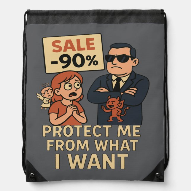 A humorous cartoon-style graphic  drawstring bag (Front)
