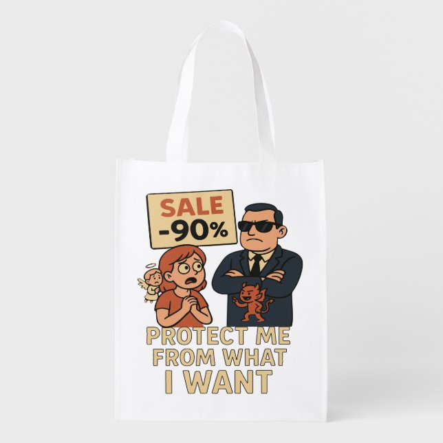 A humorous cartoon-style graphic  grocery bag (Front)
