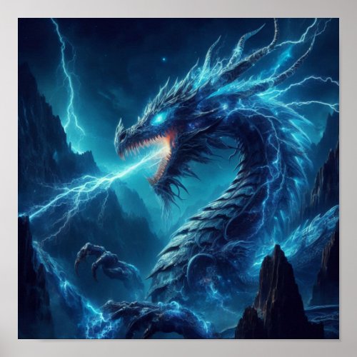 AI Blue Dragon Lightning Breath Poster