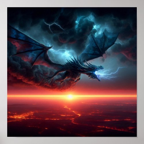 AI Blue Lightning Dragon Poster