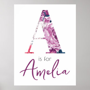 A is for Amelia Baby Name Reveal Floral Vintage Poster