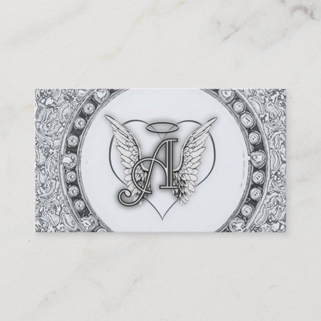A is for Angel Initial with Heart Monogram Business Card (Front)