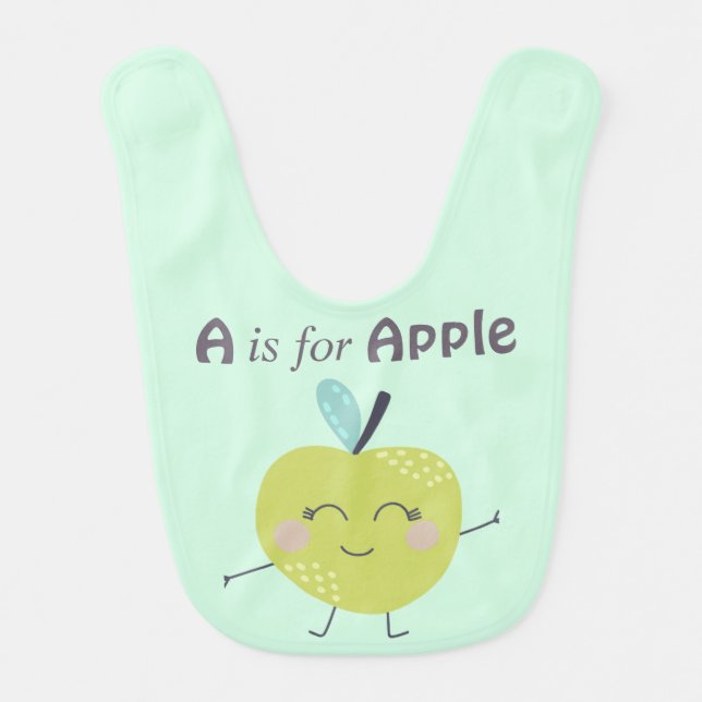 A is for Apple Cute illustration Green Baby Bib (Front)