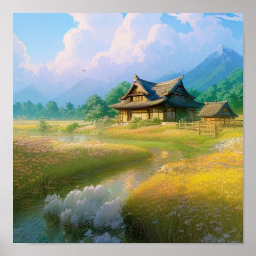 A Japanese Countryside House by the Calm Stream Poster