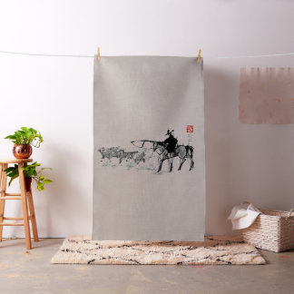 a _Japanese horse samurai art equestrian sumi Fabric