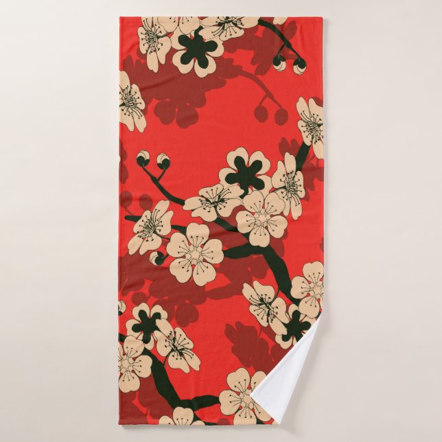 a Japanese style seamless tile with a cherry tree  Bath Towel (Bath Towel)